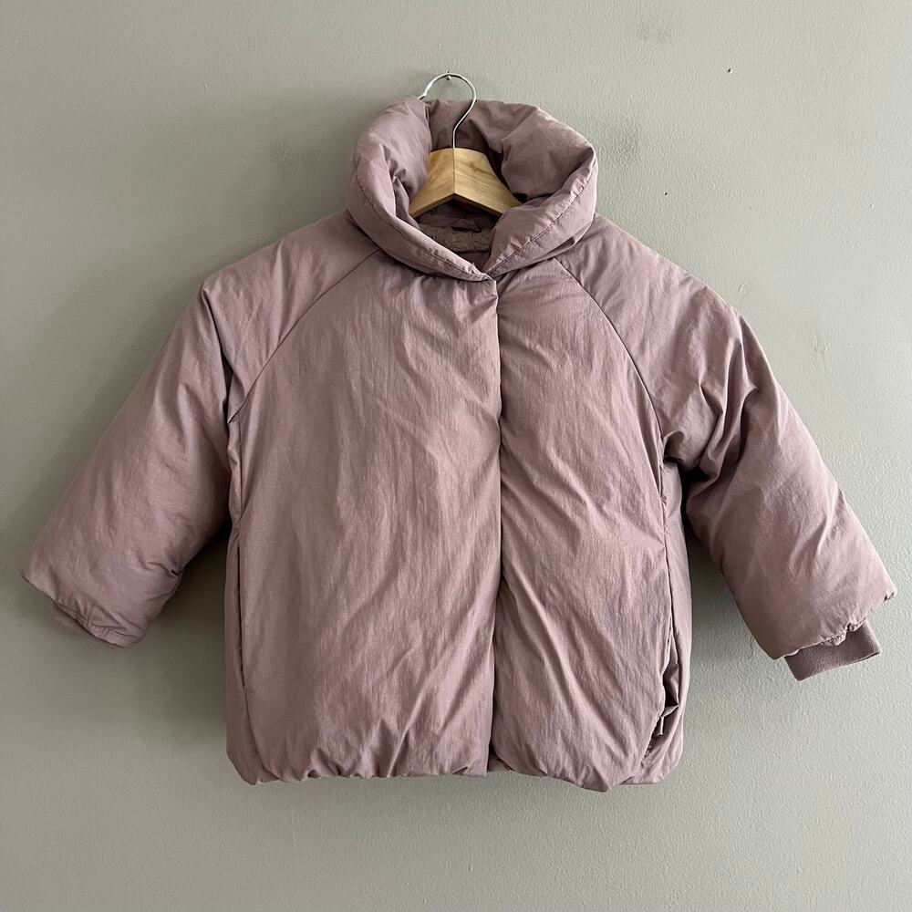 ZARA Girls Puffer Jacket Faux Fur Lined Mauve Purple Winter Coat Sz 5 110 Flaw